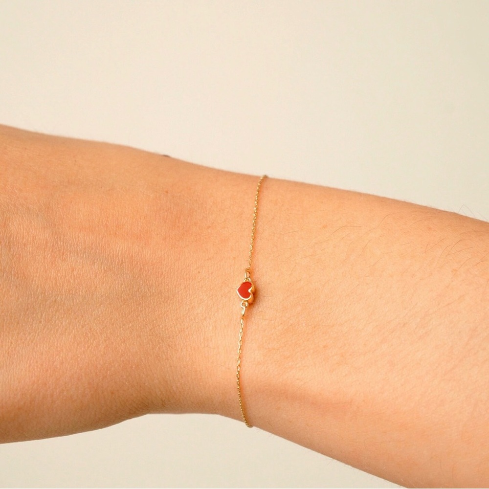 14K Solid Gold Red Heart Bracelet in Yellow Gold
